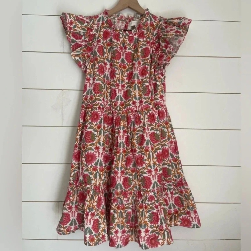 CAROLINE CONSTAS Floral Ruffle Sleeve Midi Dress in Pink and Green